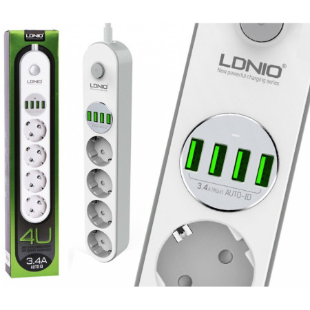 Мережевий фільтр подовжувач LDNIO SE4432 4 розетки 4 USB 2 м Білий