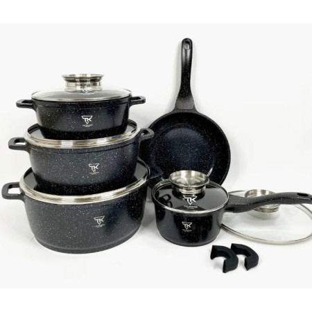 Набір каструль із сковородою та сотейником Top Kitchen TK-00020 з гранітним покриттям 12 предметів Чорний