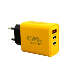 Мережевий зарядний пристрій 65W 2xType-C + USB Швидкий адаптер 9177 PD GaN для ноутбуків та смартфонів Жовтий фото