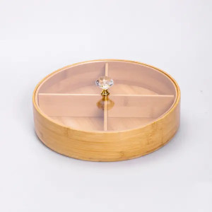 Менажниця бамбукова Yiwu HB-40-3 кругла з кришкою 25*25*8см Бежевий фото
