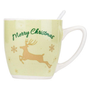Новорічна чашка  Elisey 9150-002 Merry Christmas керамічна з ложкою 175 мл Зелений фото